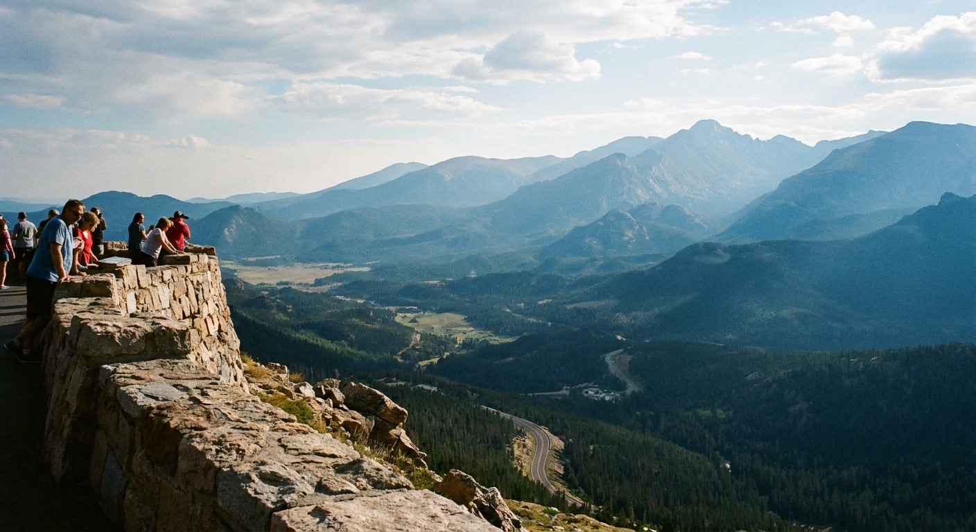 A real photograph from Many Parks Curve overlook in Rocky Mountain National Park, showing a stone wall viewpoint and broad valley views with mountain ridgelines fading into the distance