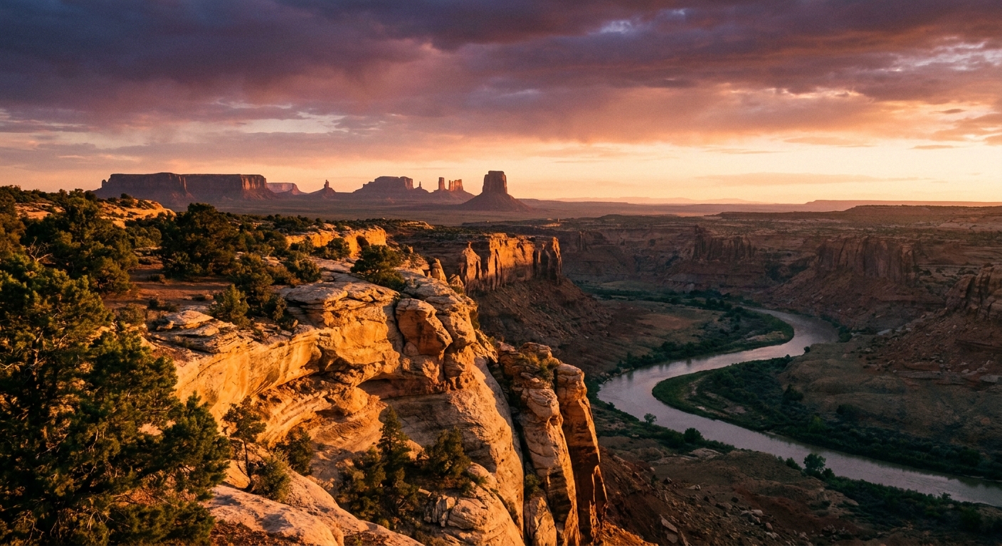 A real photograph from Muley Point at sunset with warm light on desert cliffs in the foreground and distant Monument Valley buttes on the horizon under a glowing sky