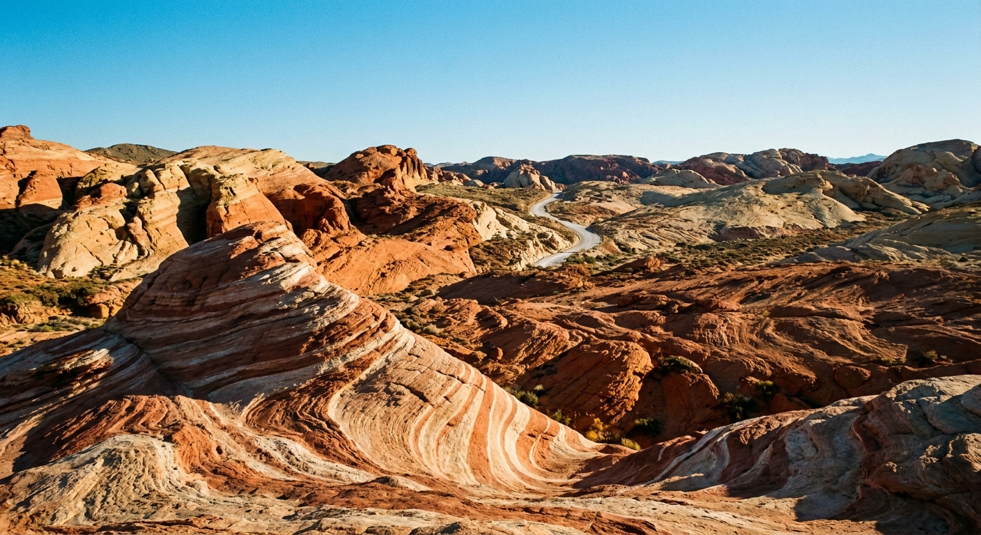 A real photograph from Rainbow Vista in Valley of Fire showing layered red and tan sandstone formations stretching into the distance under a clear sky