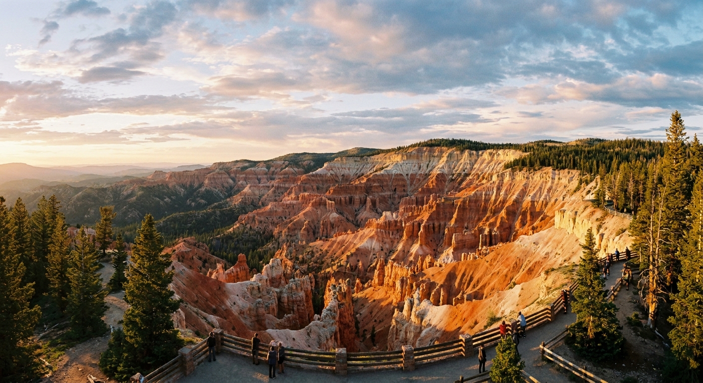 A real photograph from Sunset View Overlook at Cedar Breaks, showing warm light on the colorful amphitheater and the forested rim under a big sky