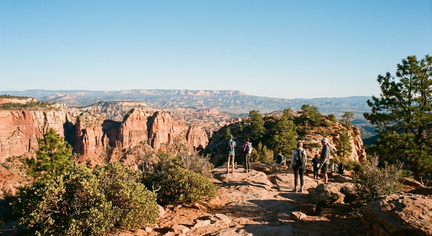A real photograph from Timber Creek Overlook Trail showing a wide view of red rock cliffs and distant mesas under a clear sky