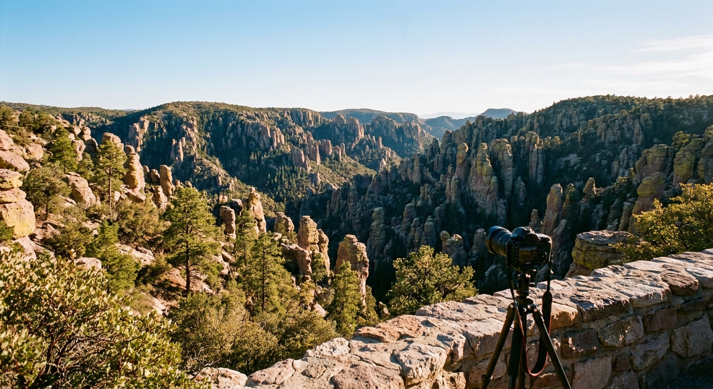 A real photograph from a Chiricahua National Monument overlook showing a wide valley filled with hoodoo rock formations and pine-dotted slopes under a clear sky