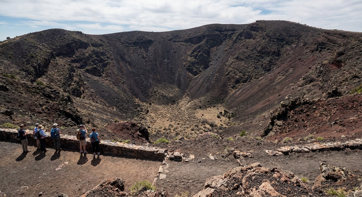 A real photograph from a rim overlook at Capulin Volcano showing the deep crater interior with dark volcanic gravel and rugged slopes dropping away inside the cone