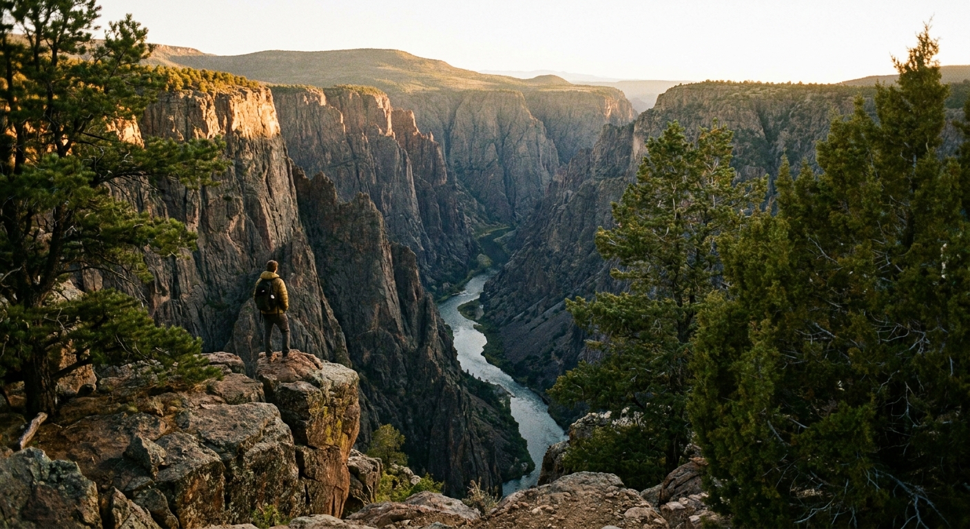 A real photograph from the Black Canyon of the Gunnison North Rim showing a lone visitor standing at a cliffside overlook at sunset, with steep dark canyon walls dropping to the Gunnison River far below