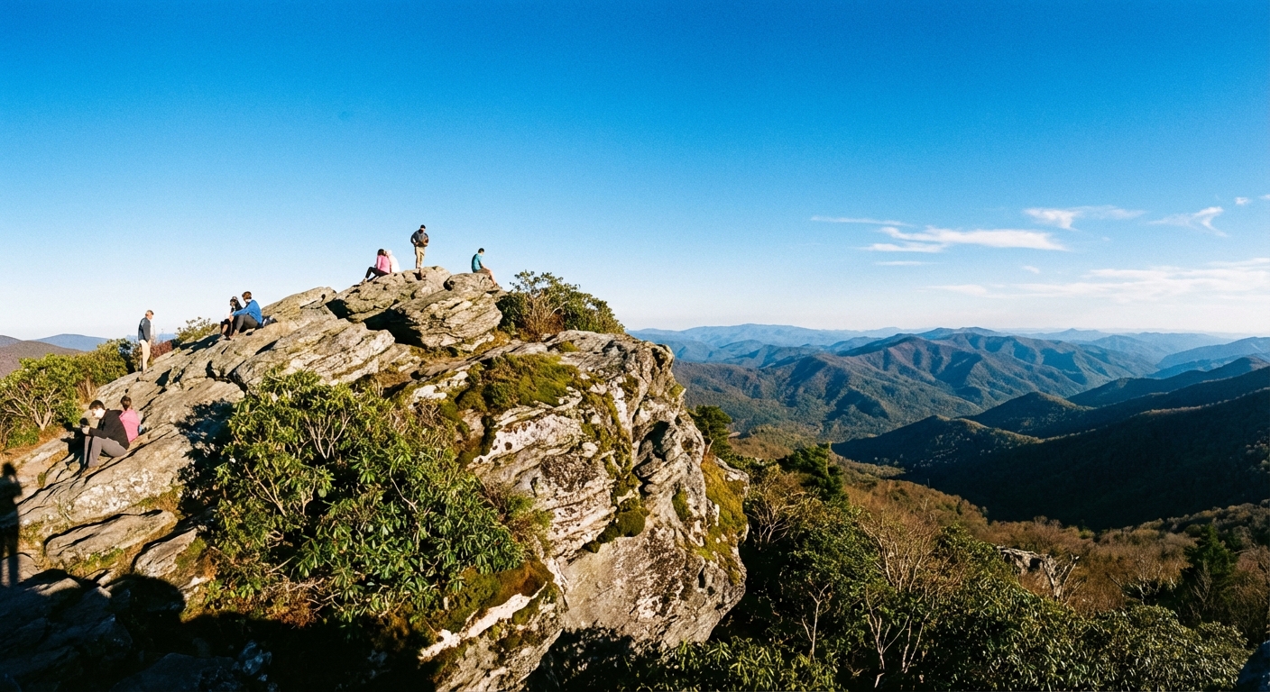 A real photograph from the Craggy Gardens Pinnacle Trail overlook with a rocky outcrop and a panoramic view of the Blue Ridge Mountains under a bright blue sky