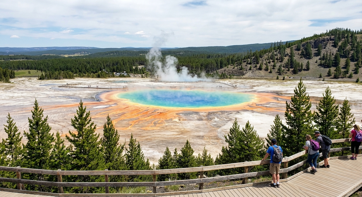A real photograph from the Grand Prismatic Spring overlook showing the rainbow-colored hot spring with steam rising and surrounding forest, shot from an elevated viewpoint in daylight, travel photography