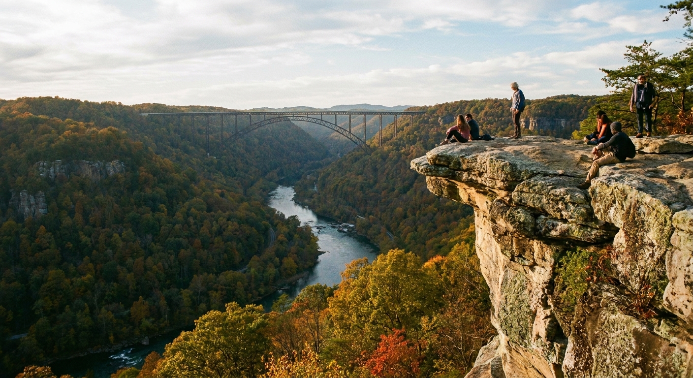 A real photograph from the Long Point overlook showing a rocky ledge above the gorge with the New River Gorge Bridge in the distance and forested cliffs below