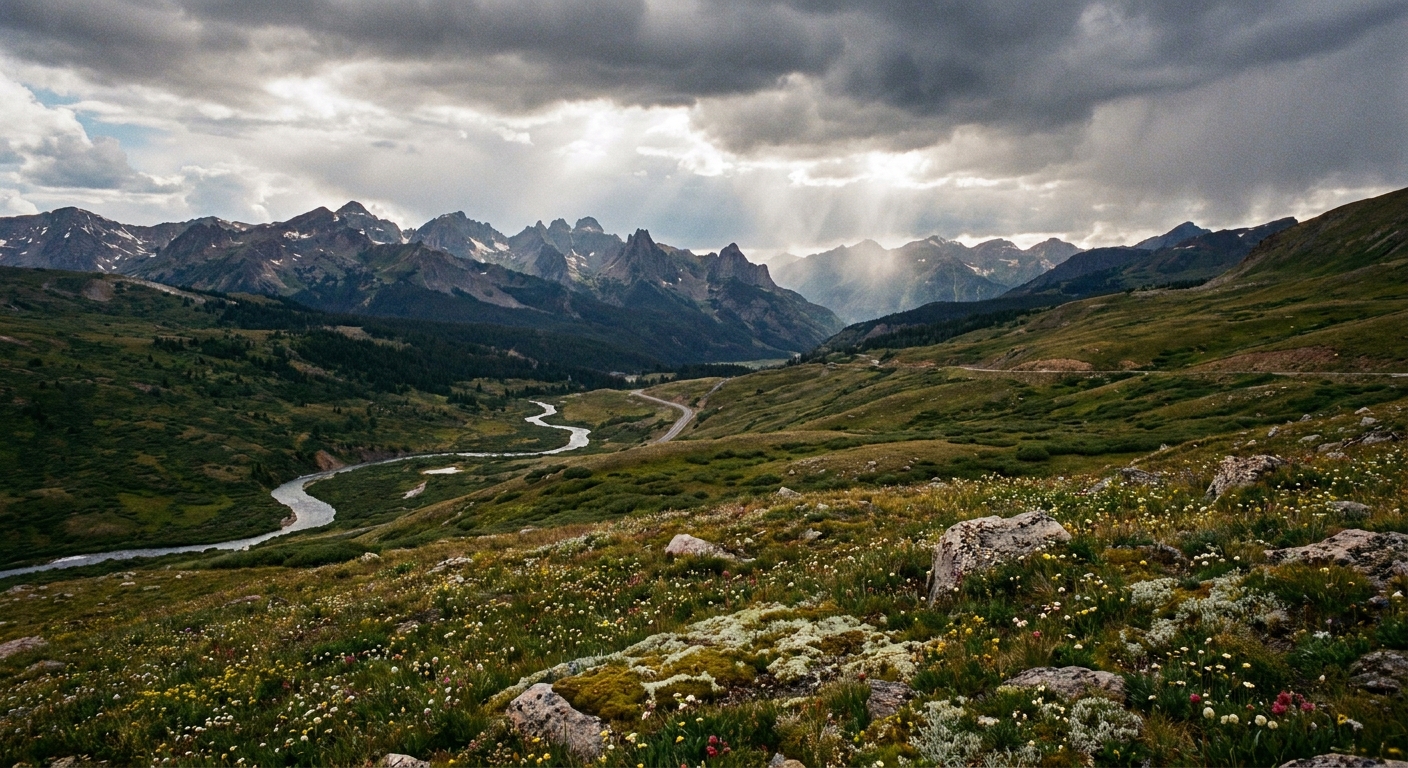 A real photograph from the Molas Pass overlook showing rolling tundra foreground and jagged San Juan peaks under dramatic clouds