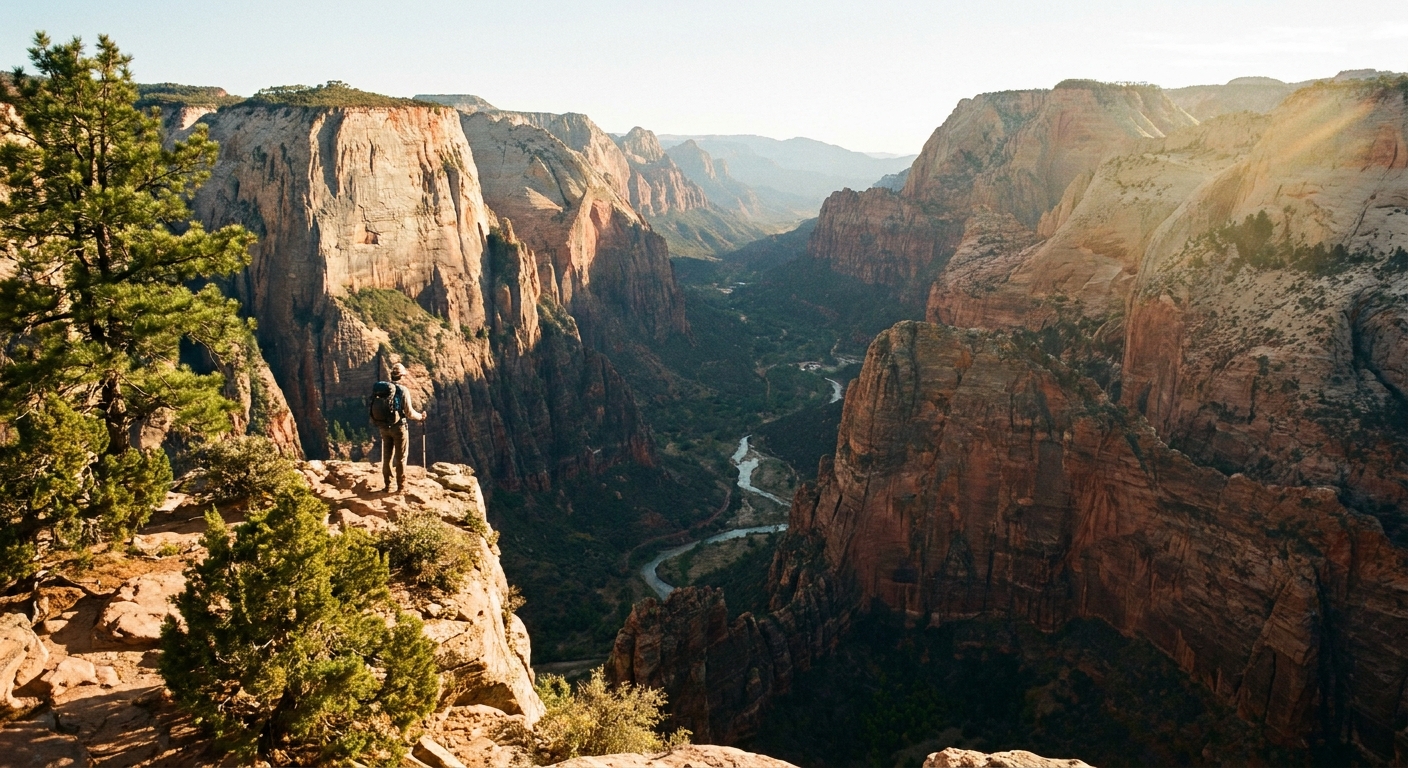 A real photograph from the Observation Point overlook in Zion National Park, with a hiker standing back from the cliff edge while Zion Canyon and Angels Landing appear far below in late afternoon light