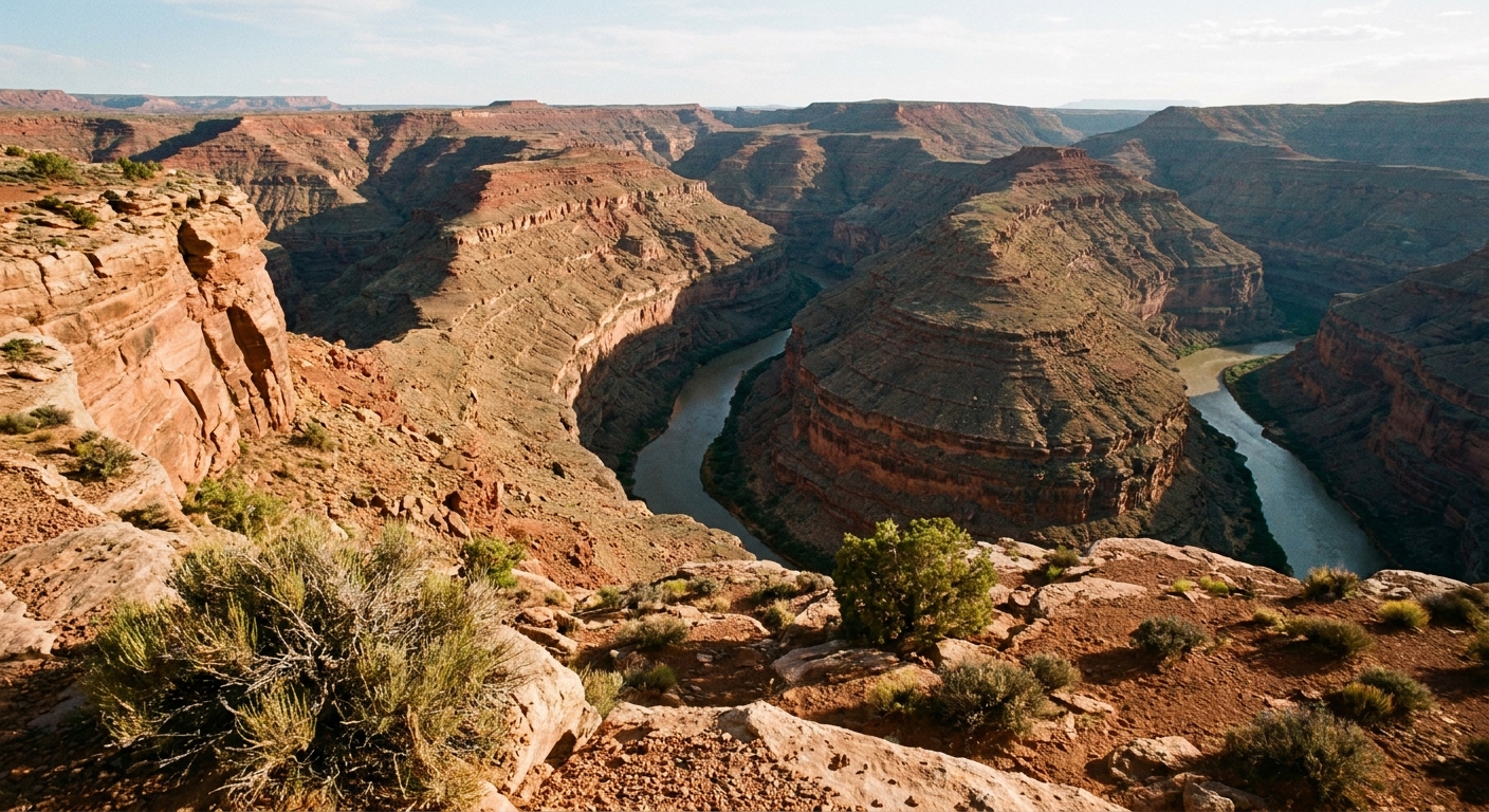 A real photograph from the rim at Goosenecks State Park showing the San Juan River looping in tight horseshoe bends far below, with layered canyon walls and desert scrub in the foreground