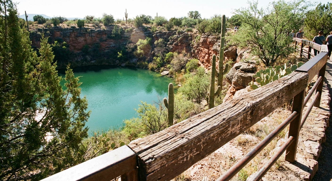 A real photograph from the rim trail at Montezuma Well showing the turquoise-green water below with desert vegetation and a wooden or metal railing in the foreground