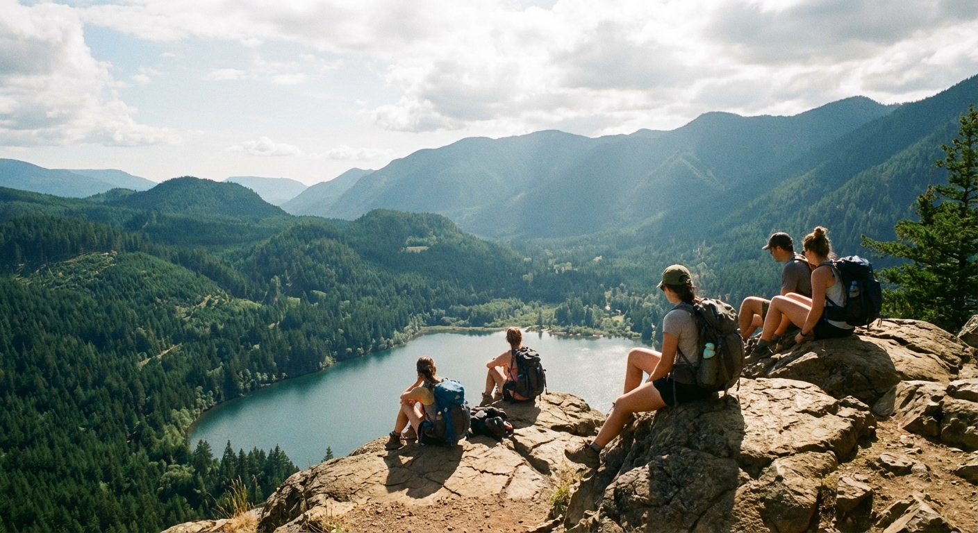 A real photograph from the rocky viewpoint at Rattlesnake Ledge overlooking a blue lake below, evergreen hills in the distance, and a few hikers sitting on sunlit stone ledges, natural colors, documentary travel photo style