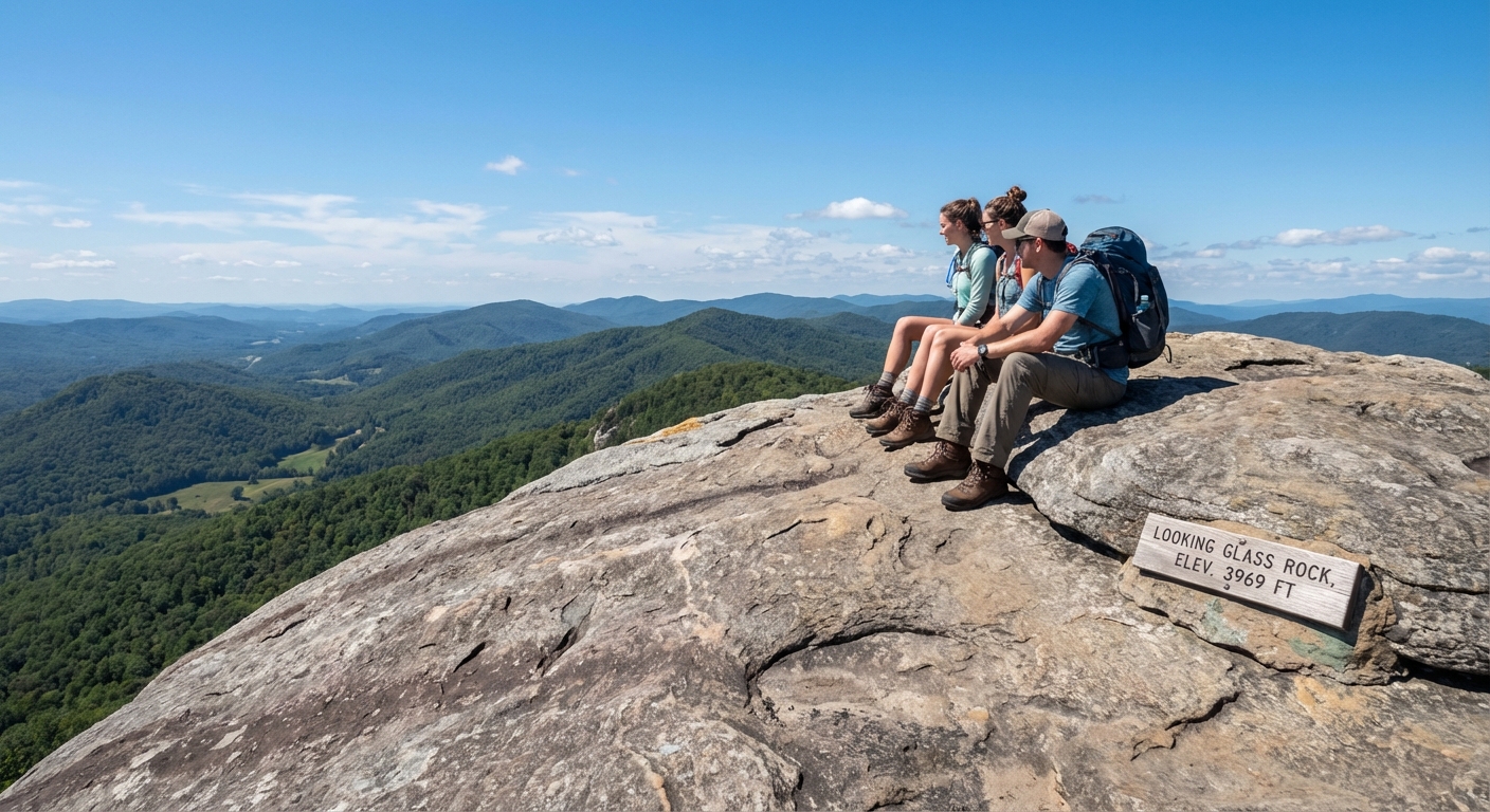 A real photograph from the summit of Looking Glass Rock with hikers sitting near the rock edge, wide views of Pisgah National Forest stretching into the distance, crisp daylight