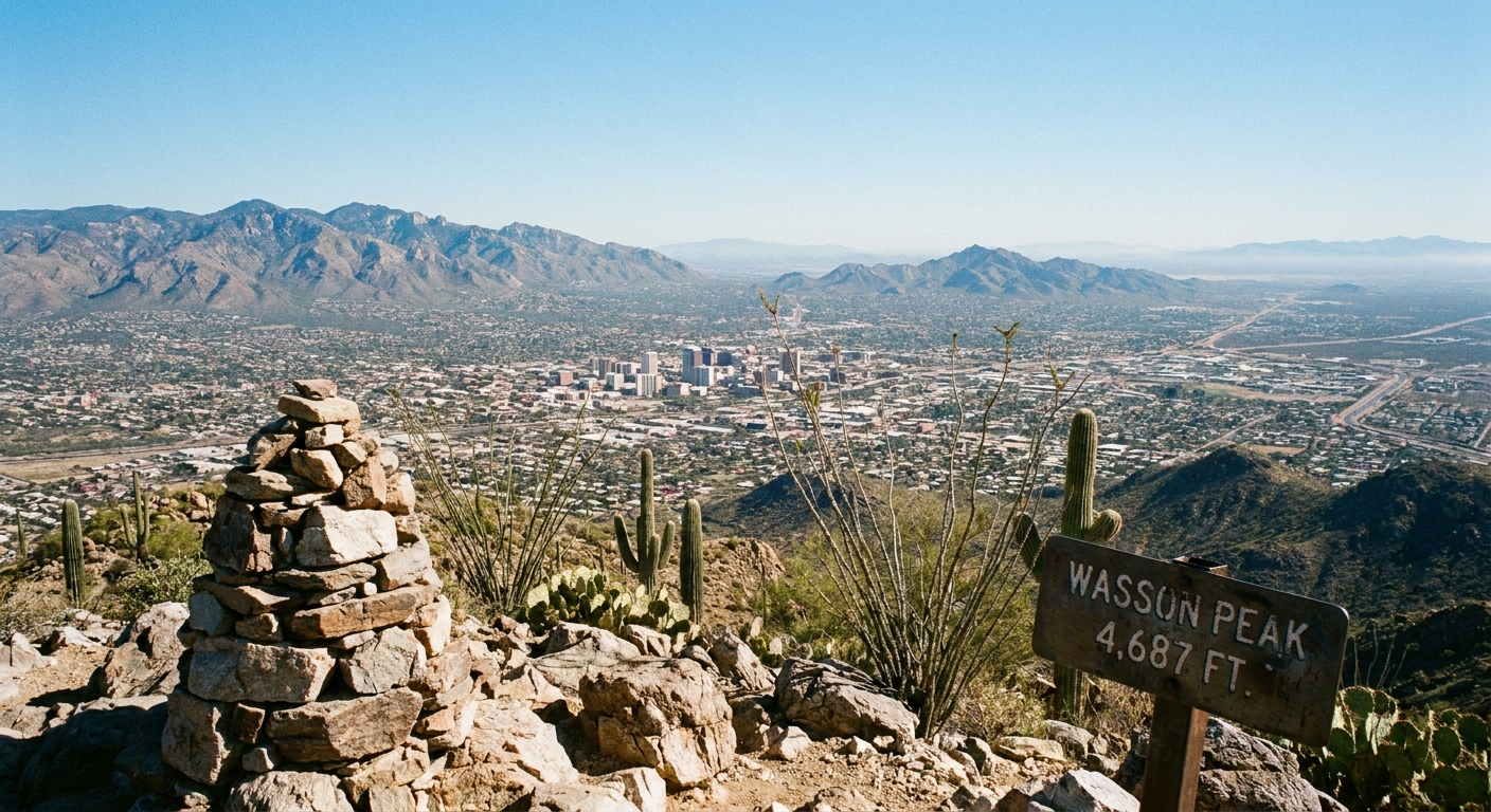 A real photograph from the summit of Wasson Peak showing sweeping views of Tucson and surrounding desert mountain ranges under a bright blue sky