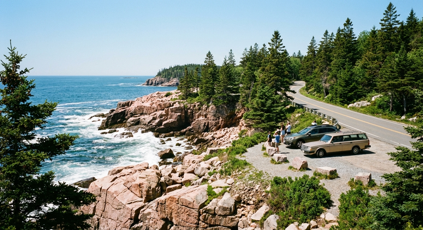 A real photograph in Acadia National Park showing Park Loop Road winding beside a rocky Maine coastline with evergreen trees, waves breaking against granite, and a small turnout with a couple of parked cars, bright clear day, photorealistic