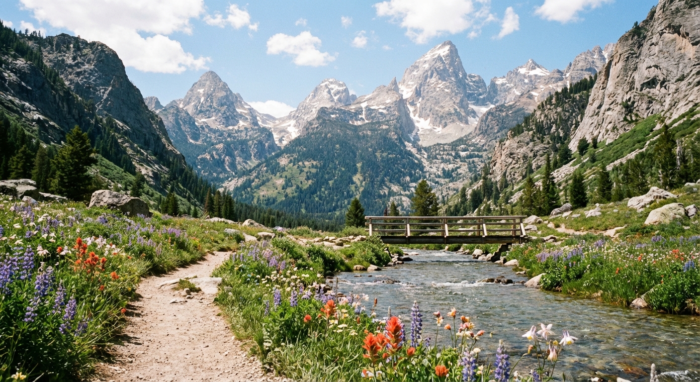 A real photograph in Cascade Canyon in Grand Teton National Park, showing a dirt trail beside a clear creek with wildflowers, steep granite peaks rising in the background on a sunny summer day