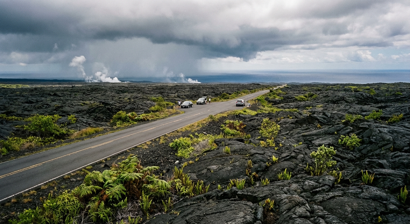 A real photograph in Hawaiʻi Volcanoes National Park showing Chain of Craters Road cutting through a wide black lava field toward the ocean, with low green vegetation patches and a moody sky, taken from a roadside pullout, photorealistic