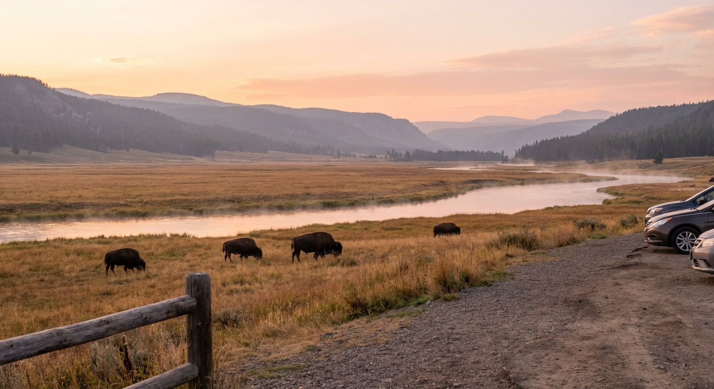 A real photograph in Yellowstone National Park’s Lamar Valley showing a small group of bison grazing in a golden meadow with a river in the midground and layered mountains in the distance, taken from a roadside pullout at dawn with soft light, photorealistic