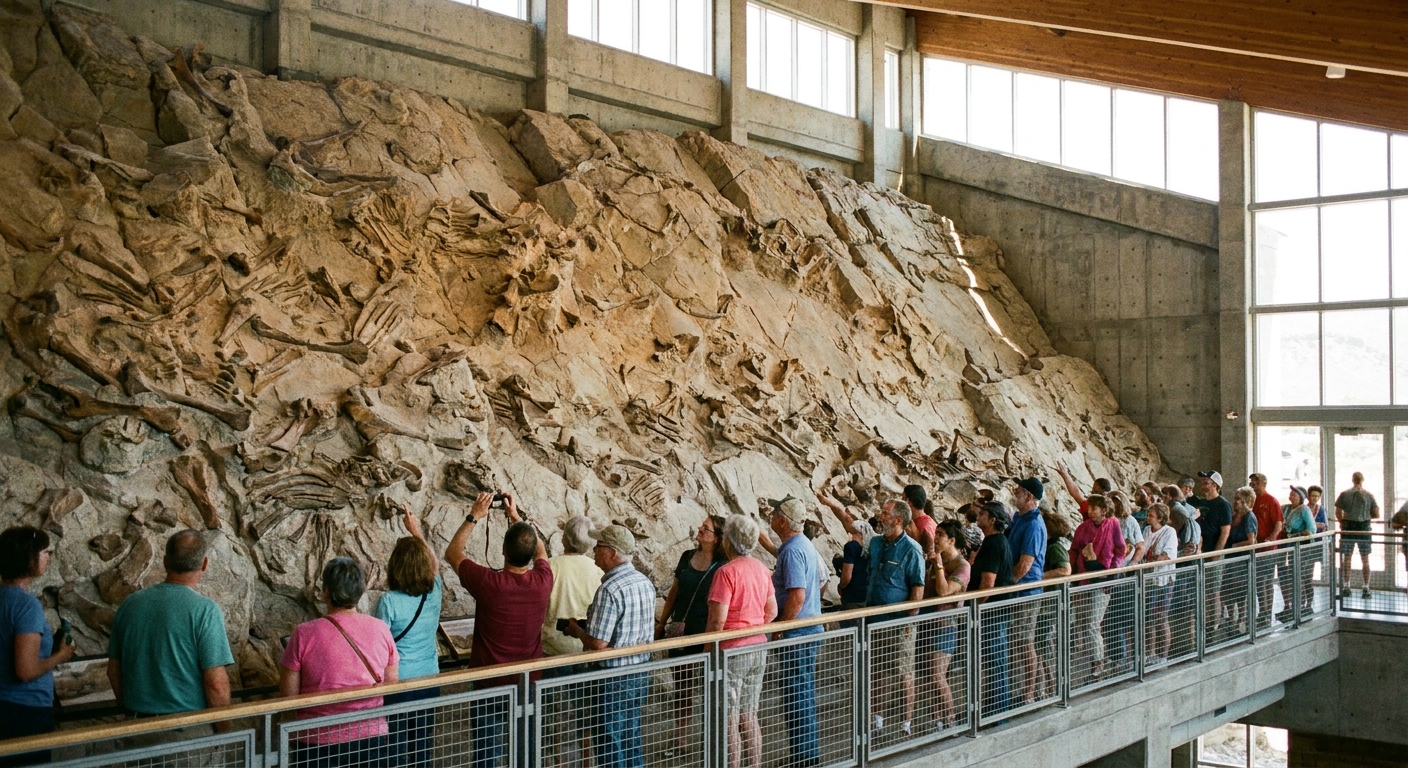 A real photograph inside Dinosaur National Monument's Quarry Exhibit Hall showing the large tilted rock wall packed with dinosaur fossils, with visitors standing along the railing
