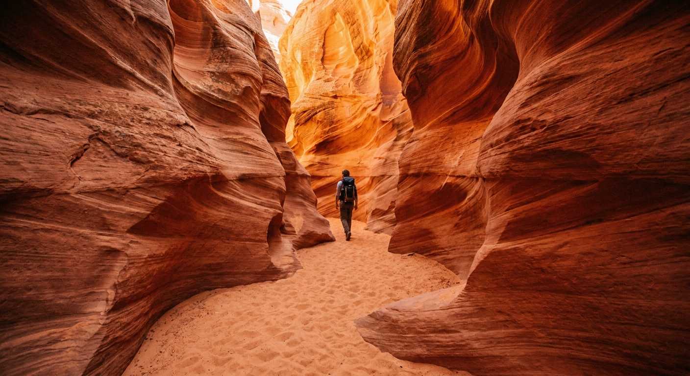 A real photograph inside Wire Pass slot canyon in southern Utah, showing a narrow winding corridor of orange sandstone with reflected light and a hiker walking through sand