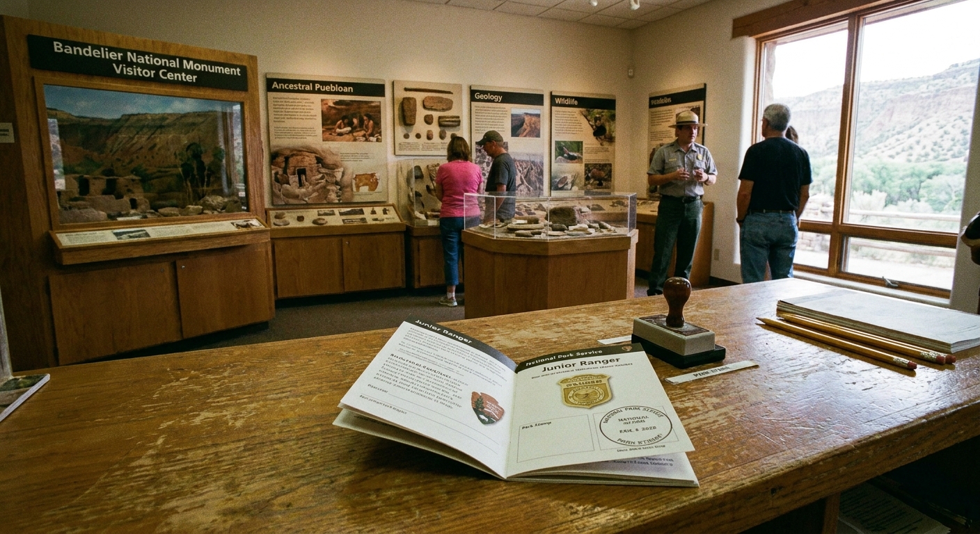 A real photograph inside the Bandelier visitor center area with a National Park Service Junior Ranger booklet on a counter and ranger-style displays in the background