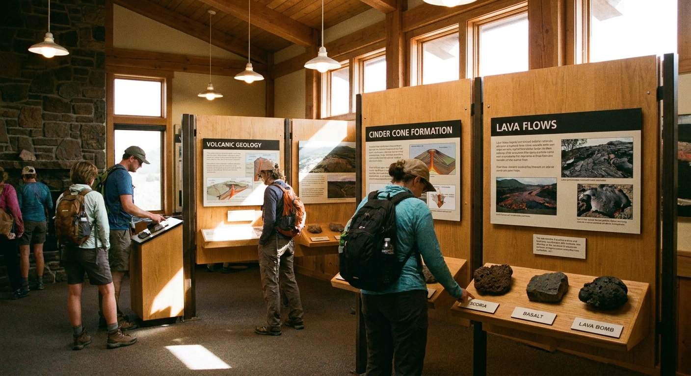 A real photograph inside the Capulin Volcano visitor center showing interpretive exhibits about volcanic geology with rock samples and display panels in a warmly lit space