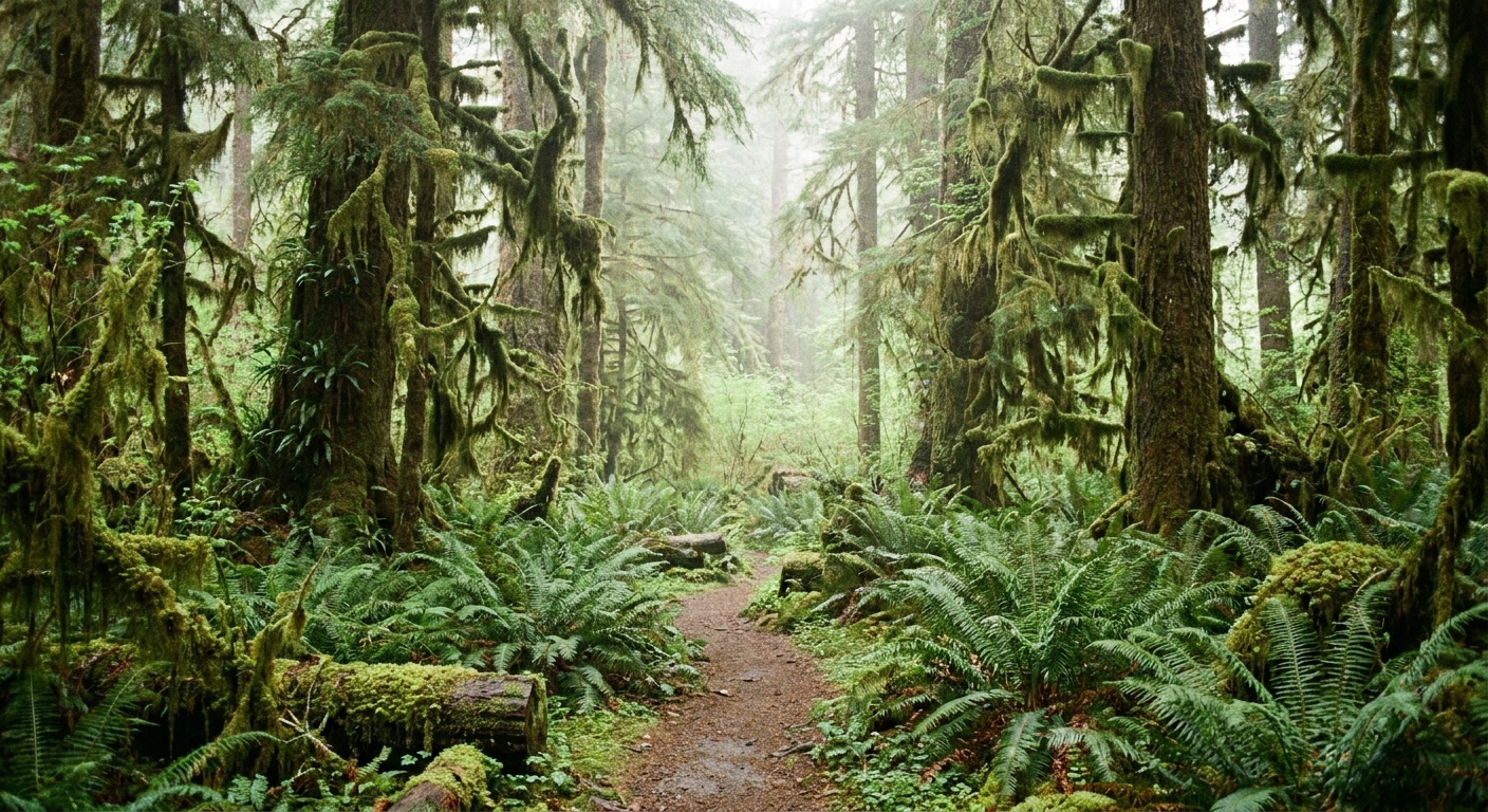 A real photograph inside the Hoh Rainforest with towering moss-covered trees, lush ferns, and a dirt trail disappearing into soft, green light