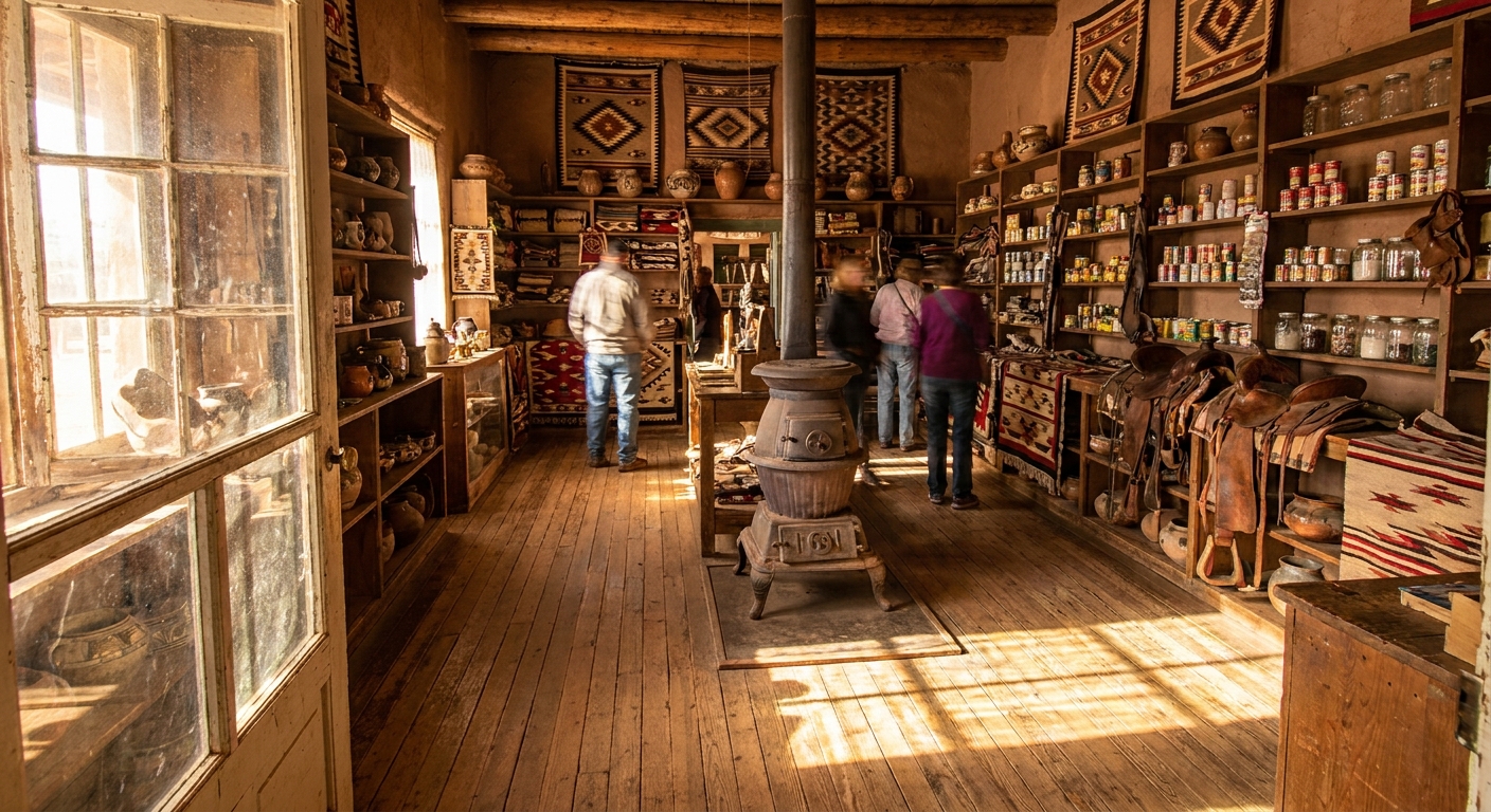 A real photograph inside the historic Hubbell Trading Post in Ganado, Arizona, with wooden floors, shelves of goods, and warm window light illuminating the old trading room