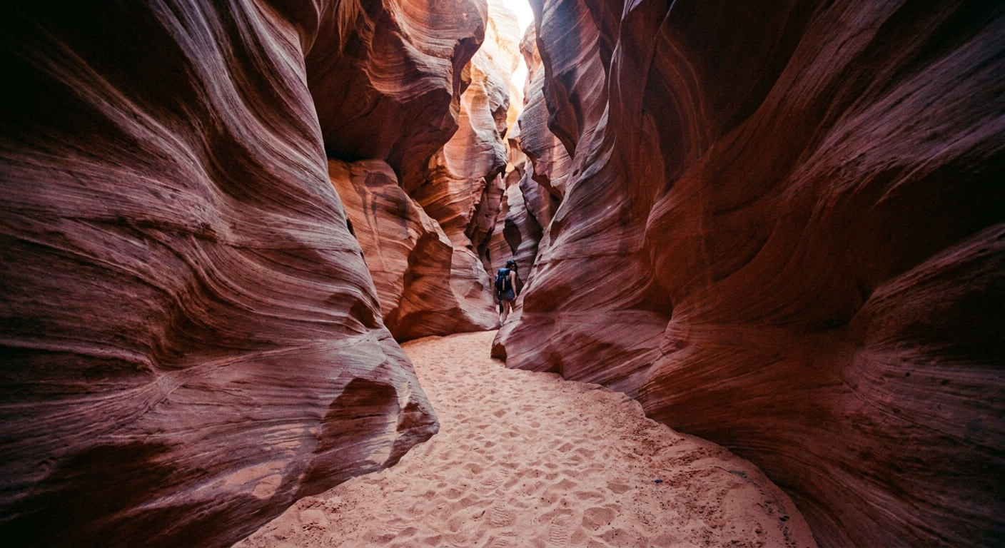 A real photograph looking down a narrow corridor inside Little Wild Horse Canyon in Utah, with tall swirling sandstone walls closing in and a sandy wash underfoot, natural light filtering from above