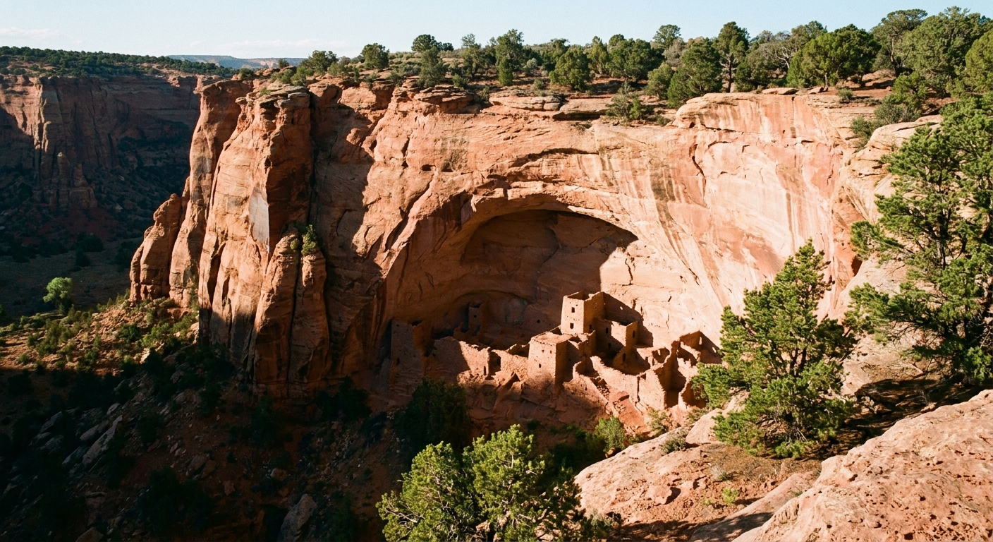 A real photograph looking from a canyon rim viewpoint toward the Betatakin cliff dwelling tucked into a broad sandstone alcove, with sunlit rock walls and deep shadow in the cave