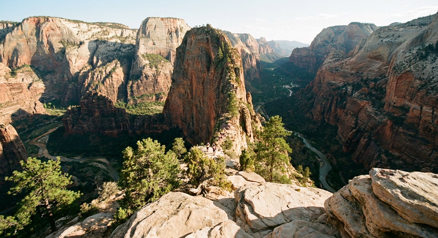 A real photograph looking out from Observation Point in Zion, showing the canyon floor far below with the Virgin River corridor and Angels Landing visible in the distance