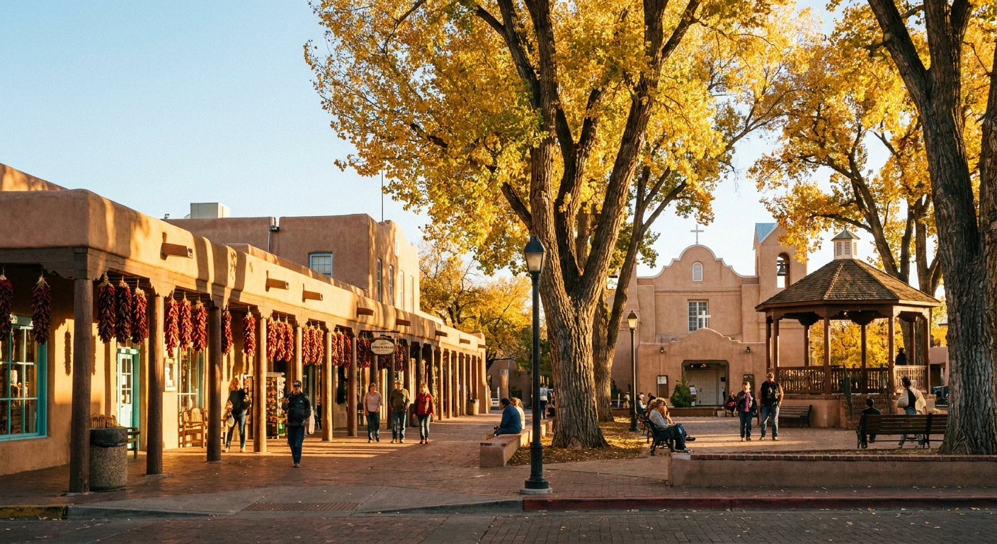 A real photograph of Albuquerque Old Town Plaza with adobe buildings, cottonwood trees, and people strolling past portal covered storefronts in warm afternoon light