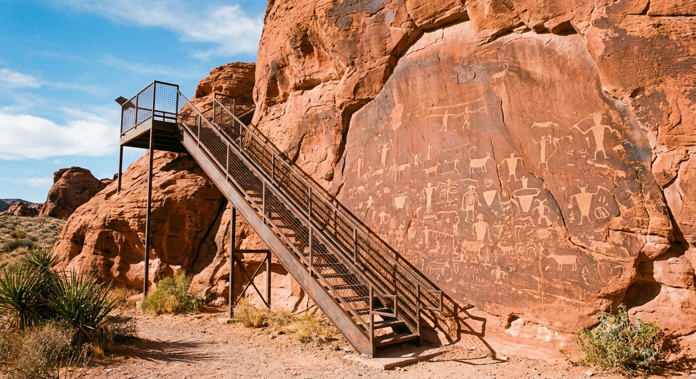 A real photograph of Atlatl Rock in Valley of Fire State Park, showing a sandstone wall covered in petroglyphs with a metal staircase leading up, bright desert light