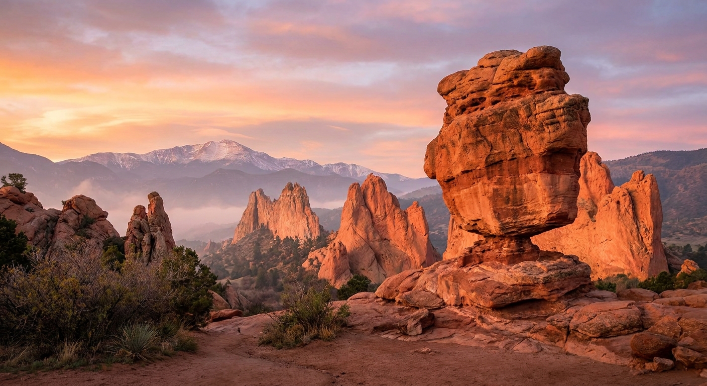 A real photograph of Balanced Rock at Garden of the Gods during sunrise, warm light hitting the red sandstone with Pikes Peak faintly visible in the background