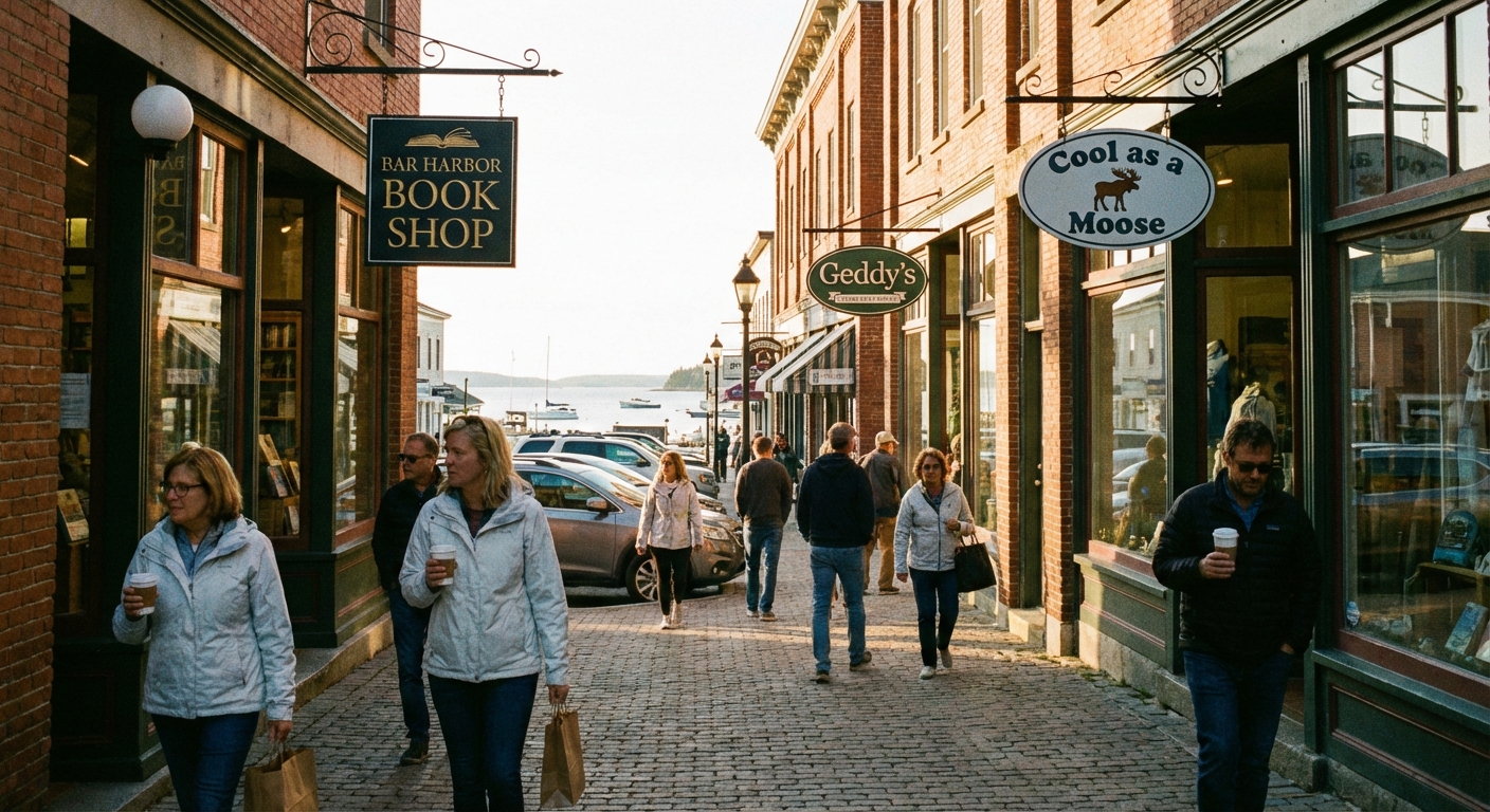 A real photograph of Bar Harbor Maine main street with small storefronts, hanging signs, pedestrians in light jackets, and warm late afternoon light, candid travel photography