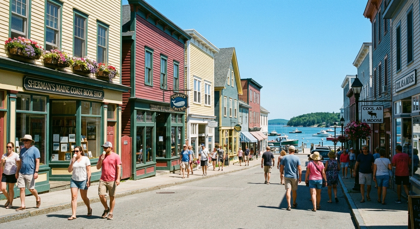 A real photograph of Bar Harbor, Maine with a walkable downtown street, small shops and restaurants, pedestrians in summer clothes, and glimpses of the waterfront under a bright coastal sky