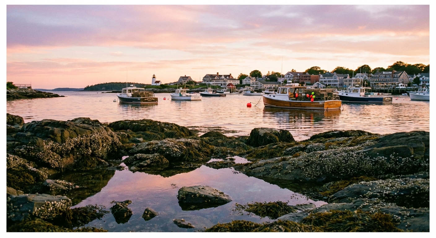 A real photograph of Bar Harbor waterfront at golden hour with lobster boats in the harbor, low tide rocks in the foreground, and soft pastel sky reflecting on calm water, natural light travel photography
