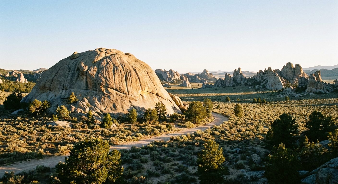 A real photograph of Bath Rock in City of Rocks National Reserve with morning light on the granite and distant spires visible beyond