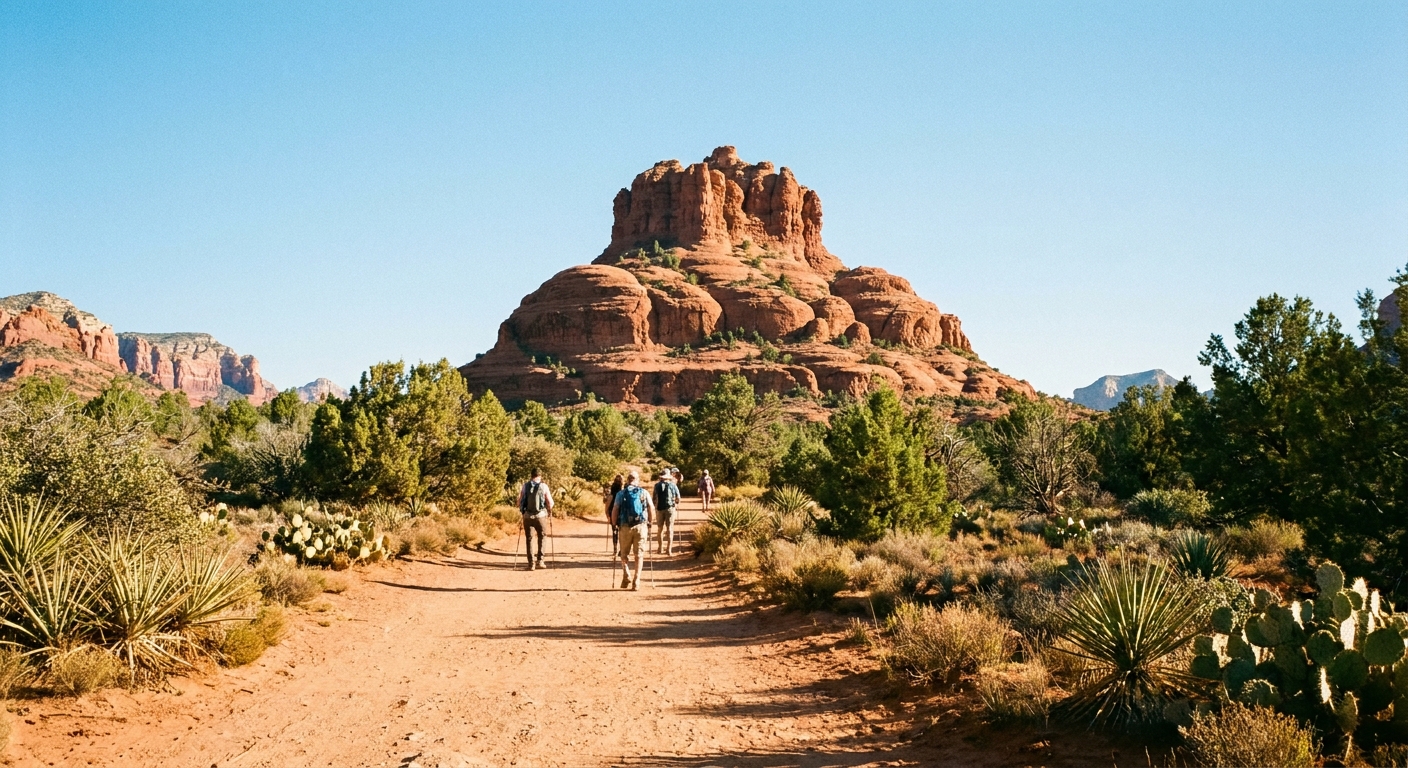 A real photograph of Bell Rock rising behind a wide sandy trail with desert shrubs and a few hikers walking in morning light in Sedona, Arizona