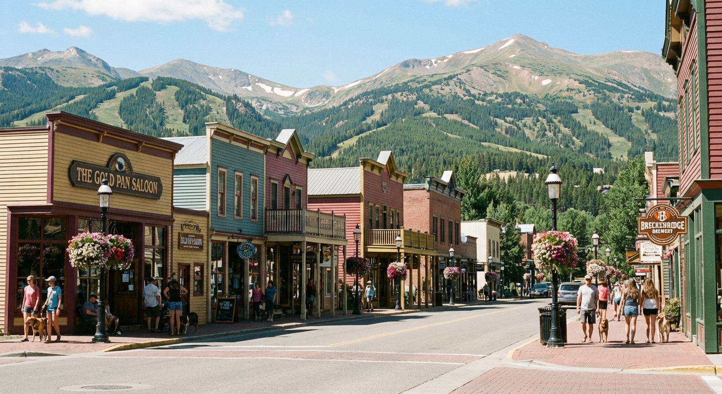 A real photograph of Breckenridge, Colorado Main Street with historic buildings, hanging flower baskets, people walking on wide sidewalks, and forested mountain slopes in the distance