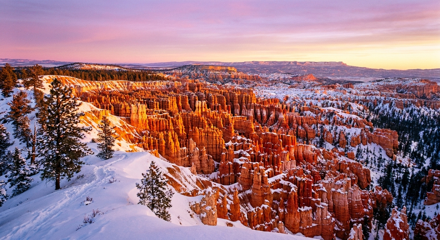 A real photograph of Bryce Canyon National Park at Sunrise Point in winter, with snow along the rim trail and orange hoodoos glowing in early morning light