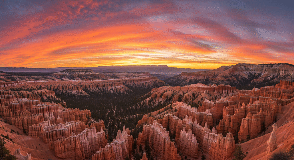 A real photograph of Bryce Canyon’s hoodoos glowing orange and pink at sunset from a rim viewpoint with distant pine trees