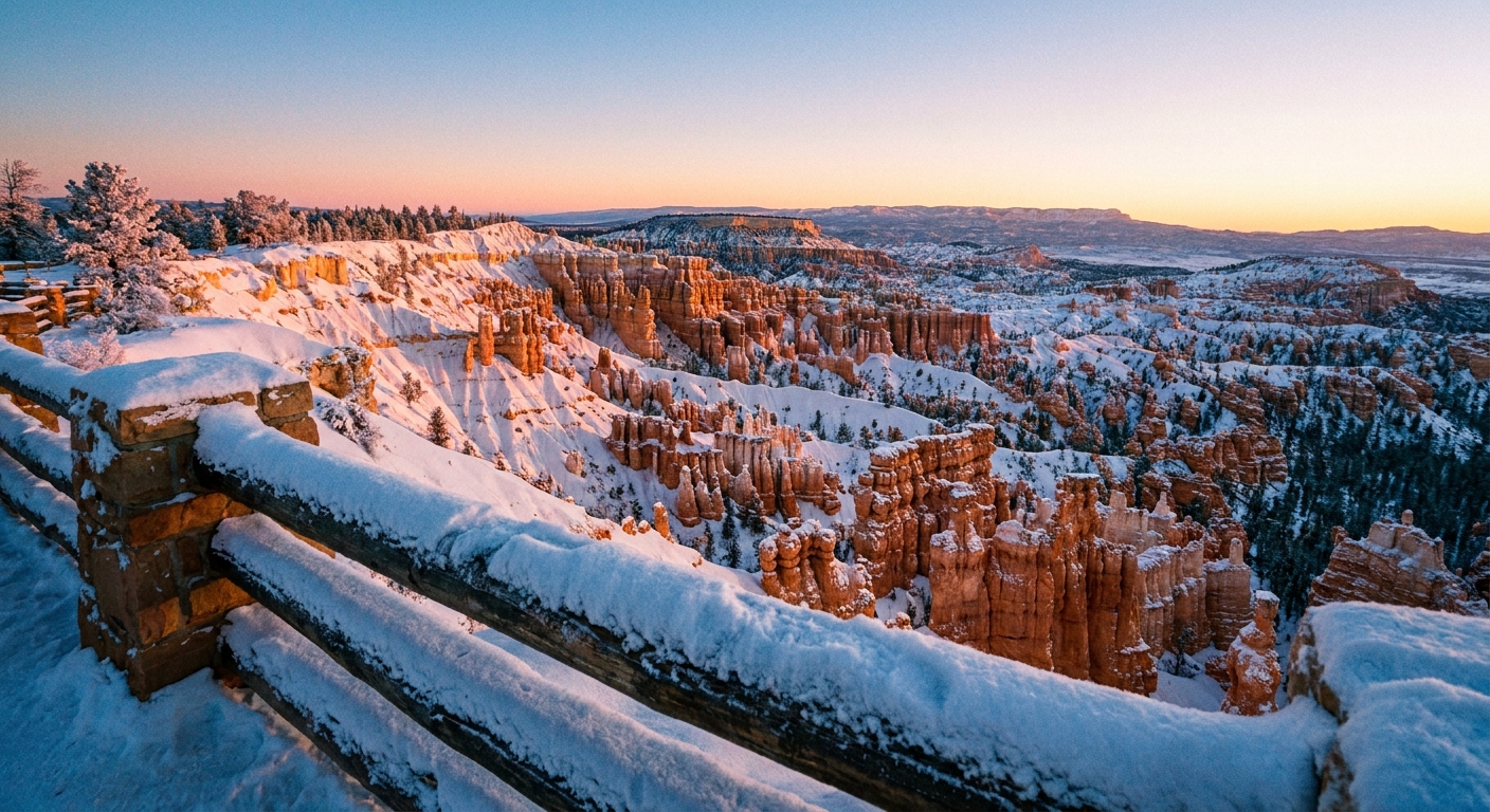 A real photograph of Bryce Point at sunrise in winter, with snow on the railing and pink light hitting the hoodoos in the amphitheater