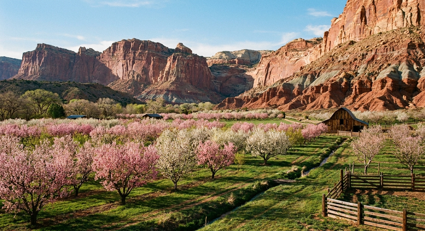 A real photograph of Capitol Reef's Fruita orchards with blossoming fruit trees, green grass, and red cliffs towering in the background