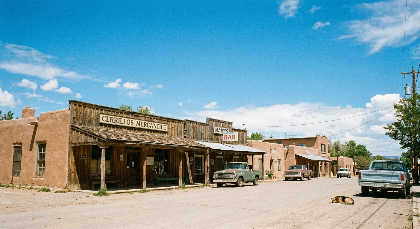 A real photograph of Cerrillos, New Mexico showing a quiet street with historic adobe and wooden storefront buildings under a bright sky