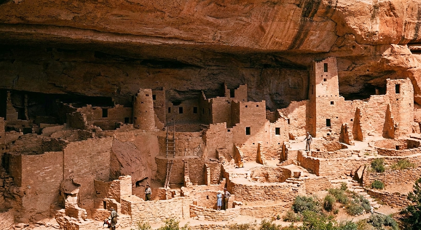 A real photograph of Cliff Palace at Mesa Verde National Park, showing the multi-room sandstone cliff dwelling tucked deep inside a massive shaded alcove, with ladders and stone walls visible