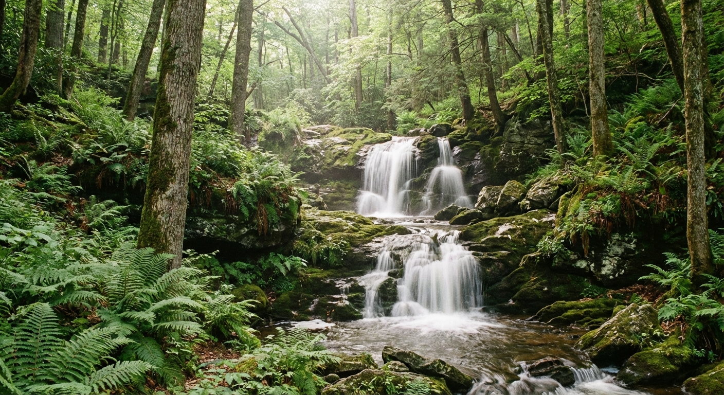 A real photograph of Dark Hollow Falls in Shenandoah National Park, a multi-tier cascade flowing over rocks in a shaded forest with ferns and moss