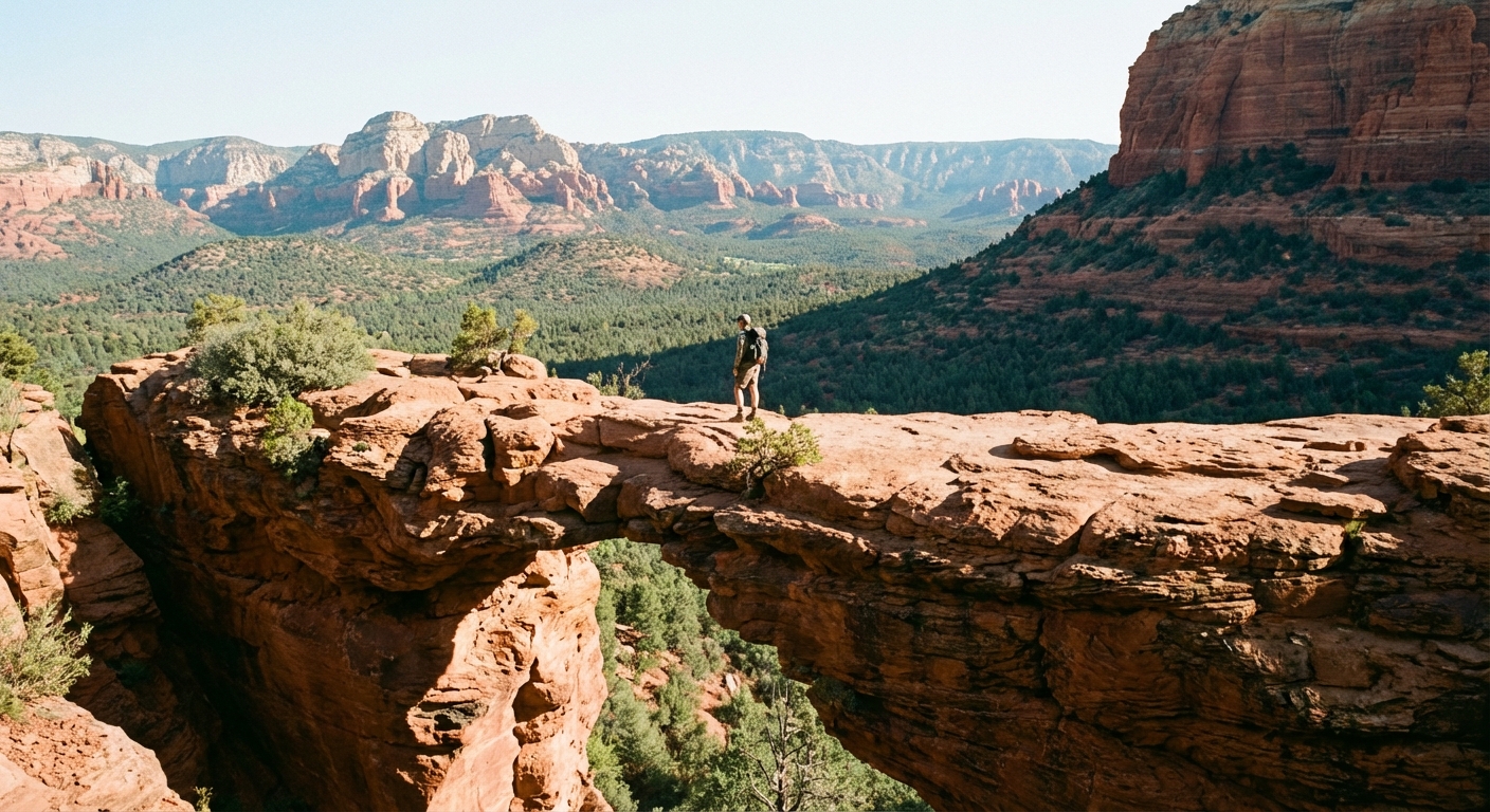 A real photograph of Devil's Bridge in Sedona with one hiker standing near the center of the natural sandstone arch, expansive red rock landscape behind them under clear daylight, telephoto outdoor photography