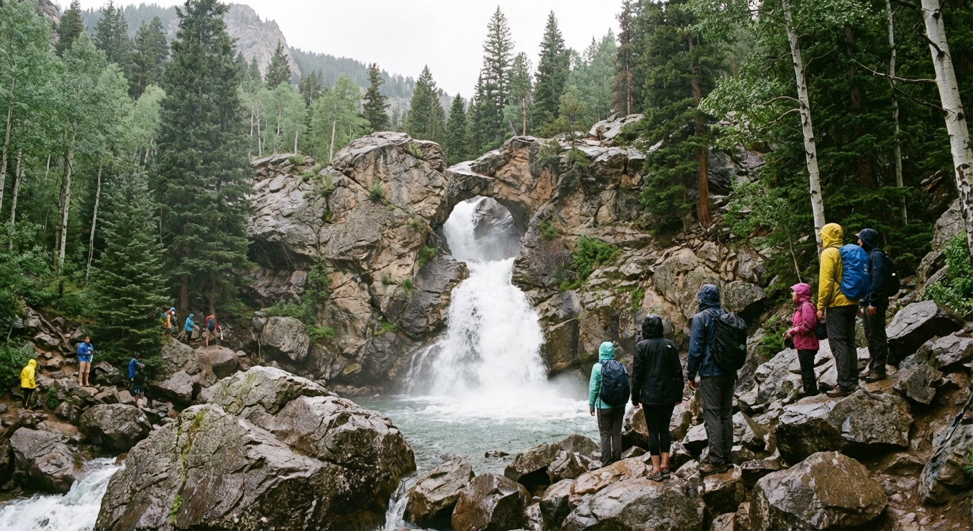 A real photograph of Donut Falls in Big Cottonwood Canyon, with water pouring through a rounded rock opening and hikers standing on boulders nearby
