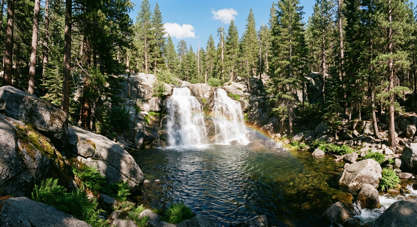 A real photograph of Fairy Falls dropping into a rocky pool, surrounded by a pine forest, bright summer daylight with blue sky